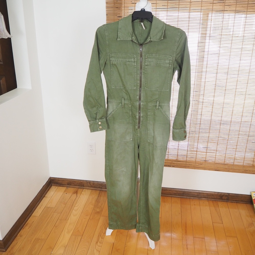 Free People‎ Charlie Utility Jumpsuit Coveralls Olive Army Green Sz 4 No Belt